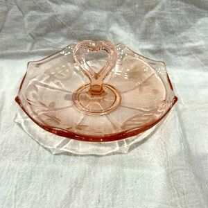 Vintage Depression Glass Tidbit Plate Tray Pink Etched Heart Handle jewelry dish